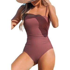 Women Blush Red Swimsuit One Piece Bathing‎ Suit Square Neck Cutout Back Tummy